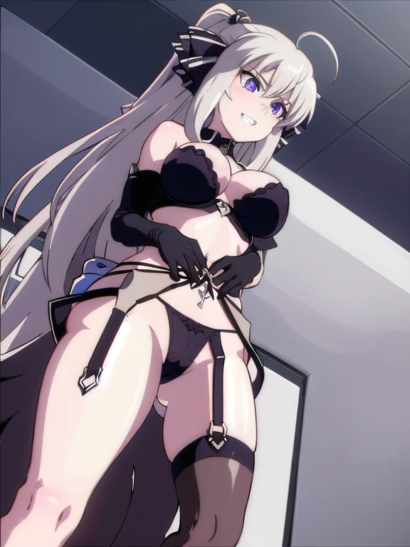 prison, concrete wall, concrete floor, femdom, dominatrix, ((bare shoulders)), ((black bustier)), ((black stockings)), ((black g-string)), ((black high heels)), ((black garter belt)), ((black elbow gloves)), ((chair)), ((female sitting in a chair)), ((evil grin)), (((((from below:1.4))))), ((looking at viewer)), ass pov, ((((looking down:1.4)))), ((stare at viewer with stern eyes)),
One girl,  Long Hair, Purple eyes,  chest, Ahoge,   very Long Hair,   large breasts, ribbon,  hair ribbon, ponytail,  bangs,
