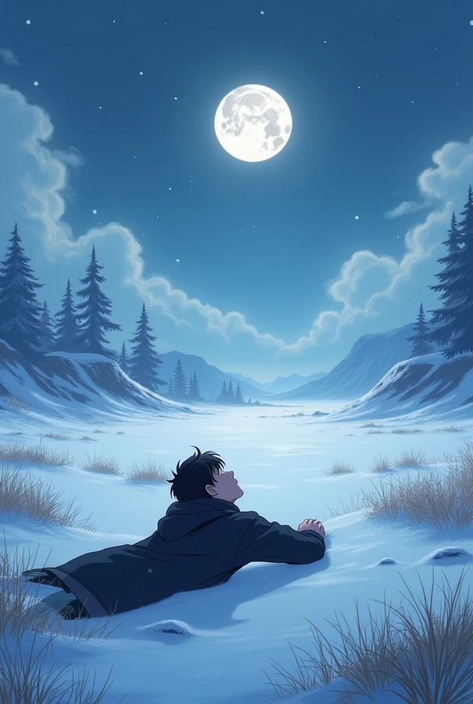 Realistic real life background  but character in anime 21 year old boy prone in snow in snow add little bit greenland view boy wearing black jacket watching moon 