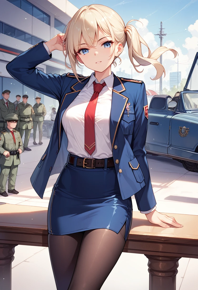 Jacket, White shirt, pantyhose, tie, Collared shirt, belt, uniform, Blue Skirt, black pantyhose, army, formal, blue Jacket, red tie, Pencil Skirt