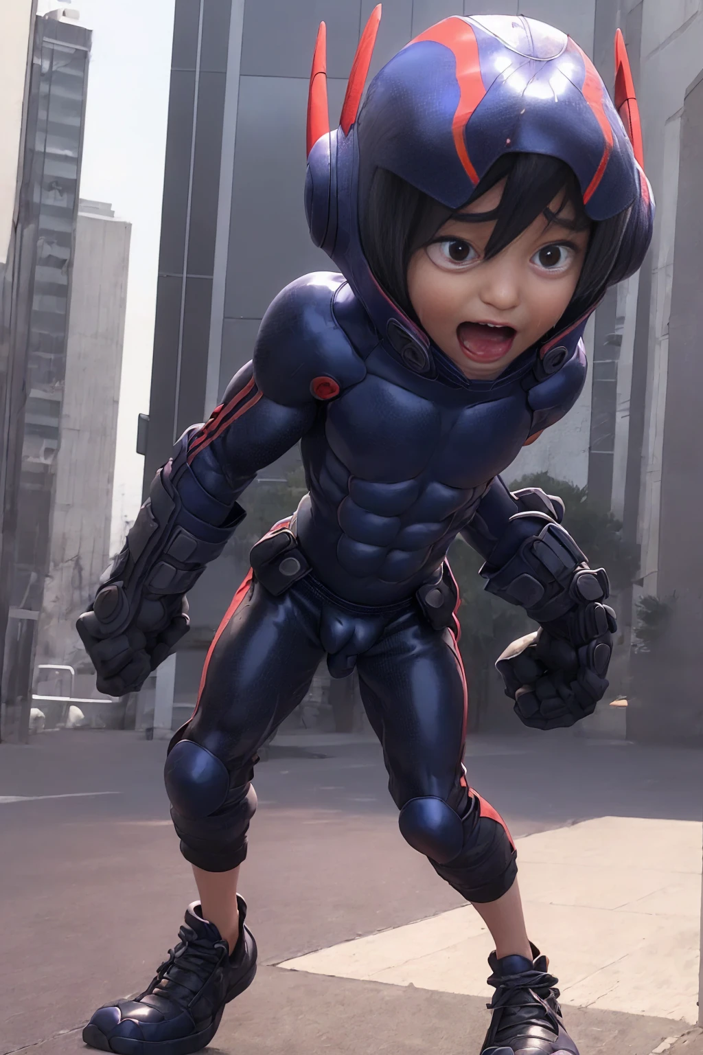 A boy with demonic wings is wearing a hero suit,Mouth wide open to express pain,massive汗とよだれ,Cum dripping from huge erect penis,Showing strength, A well-trained body like a bodybuilder,massive ,Orgy,Masturbation,Red shirt and navy blue hoodie,((Very big penis))