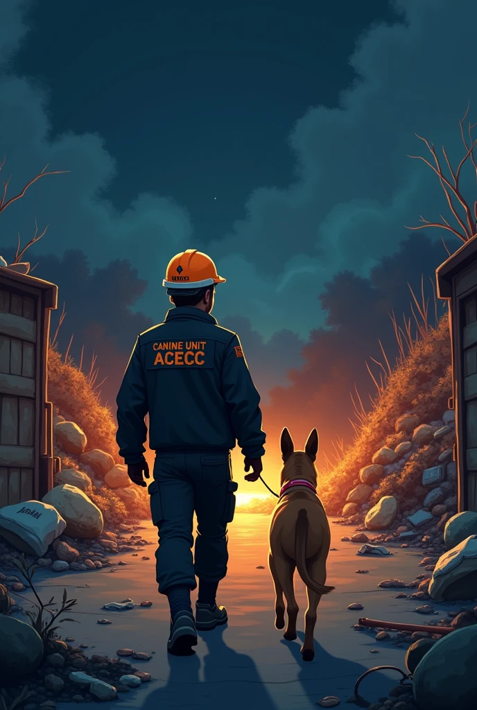 Disney pixar drawing of a rescuer walking towards a waste dump with a malinois dog, the rescuer has a black jacket with the canine unit written acecc Argentina, orange a white helmet with the rescue written. Fondo obscuro noche