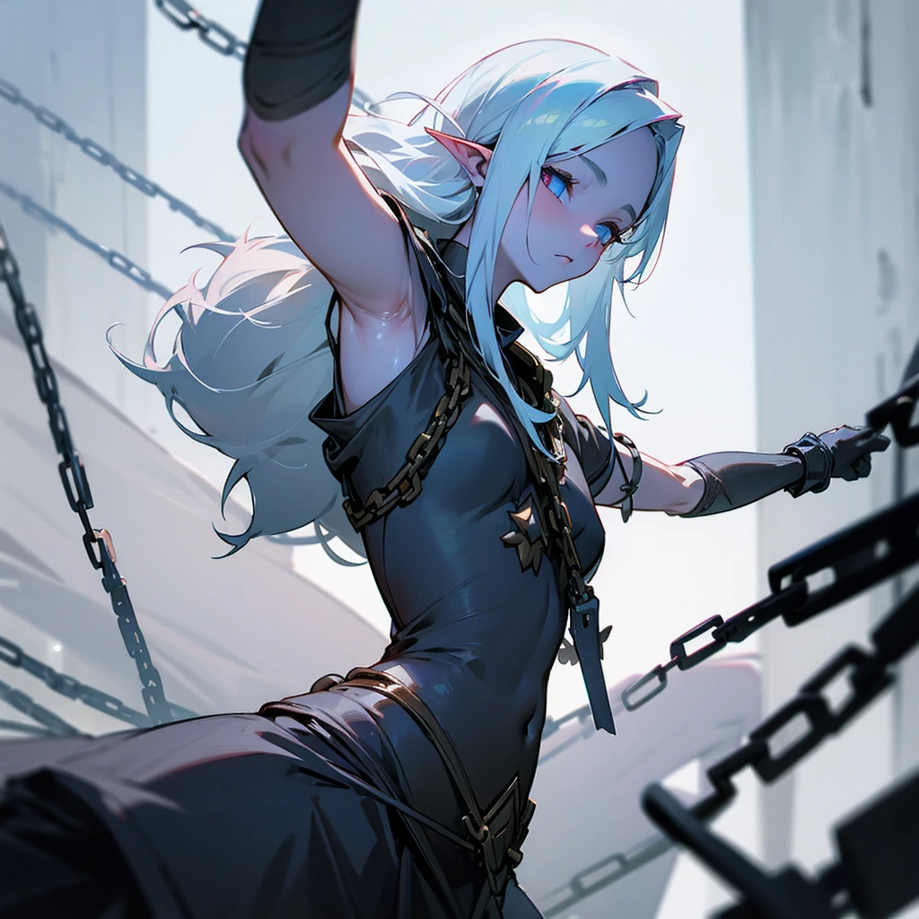 White skinned elf, with chains, with good body, sad, scared, She is a slave and her clothes are torn