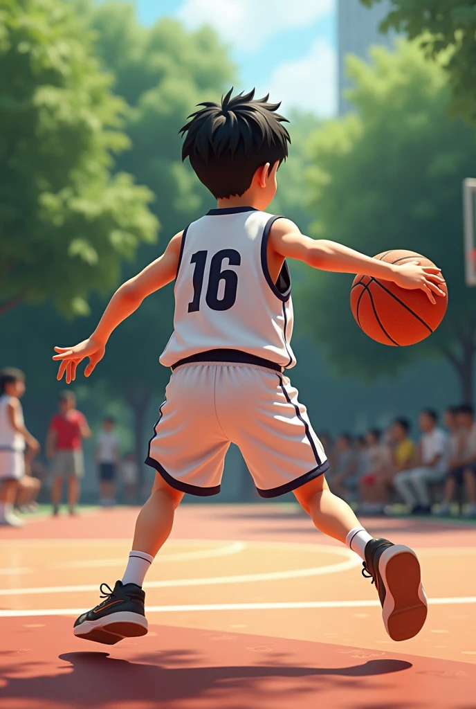 Asian Boy playing basketball and wearing white jersey the jersey number in the back is 16
