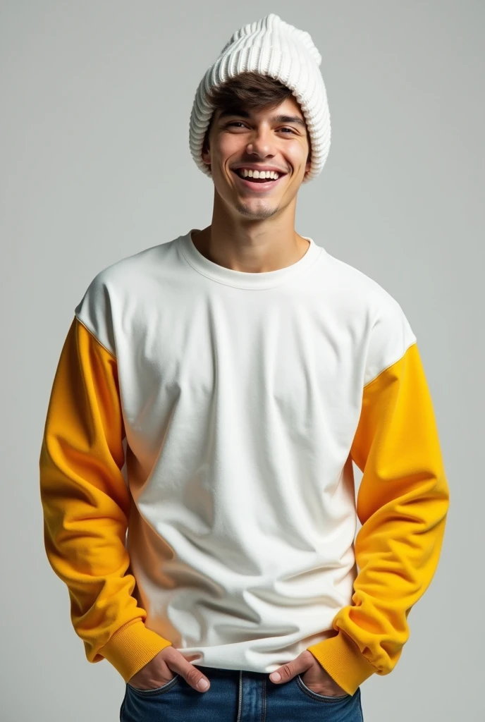 Young man with white winter hat, White long-sleeved T-shirt with yellow sleeves and denim pants