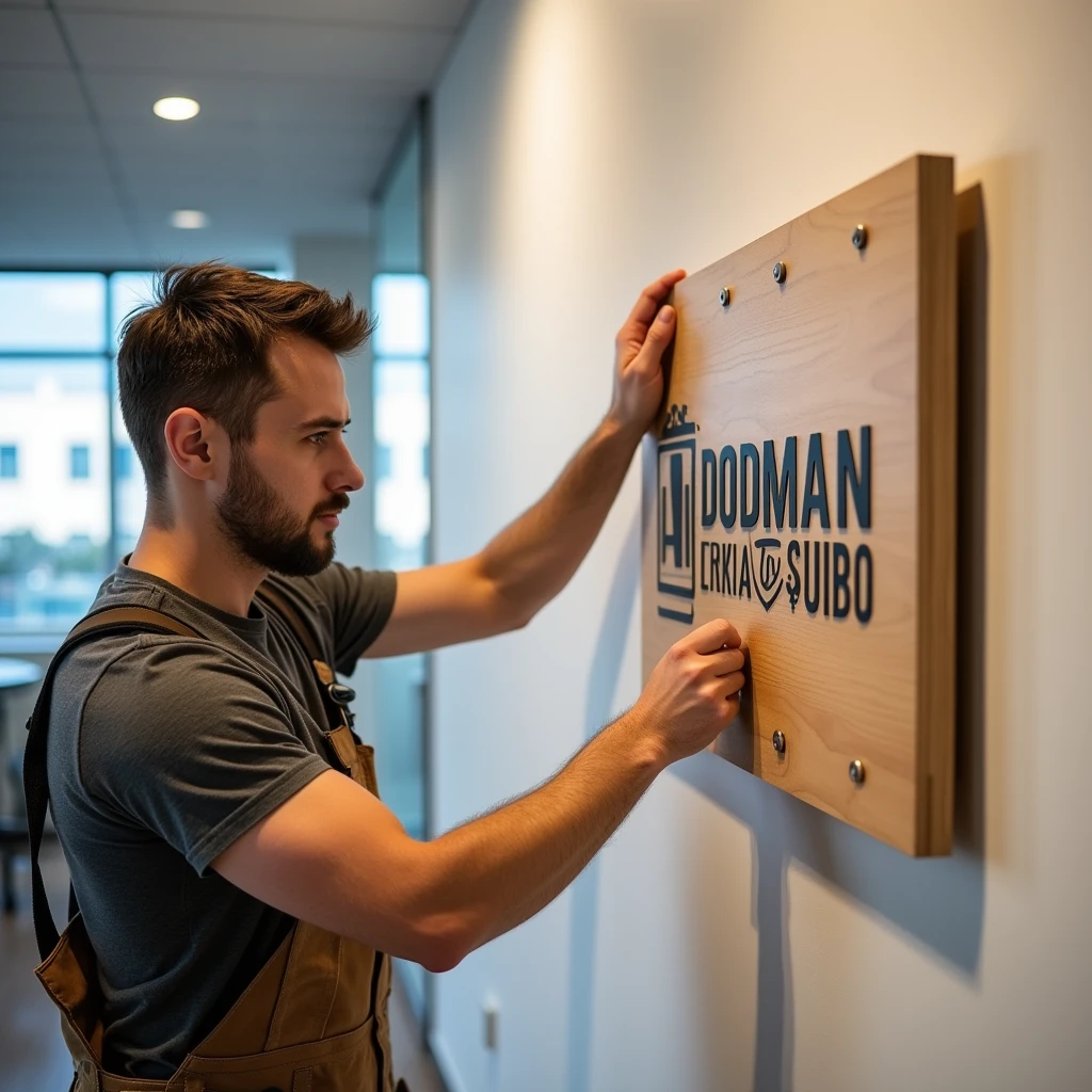 「PROPMAN DESIGN」A carpenter attaches a sign to the office wall.