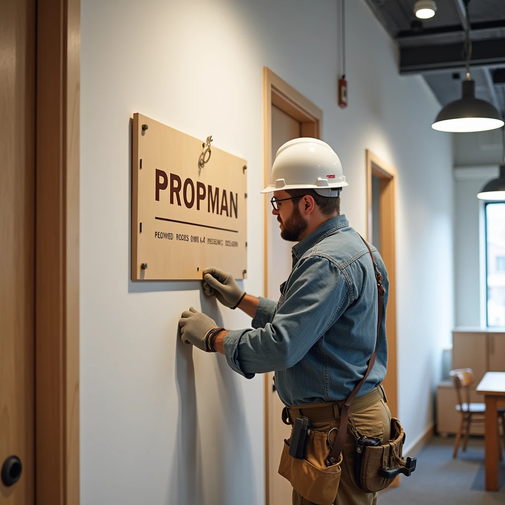 「PROPMAN DESIGN」A carpenter attaches a sign to the office wall.