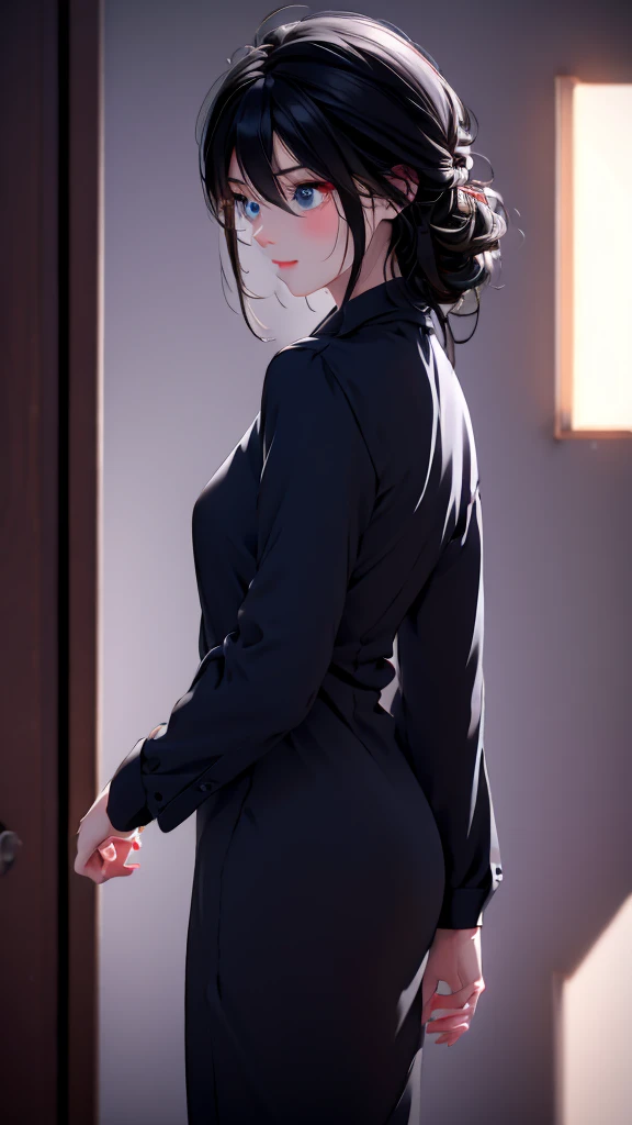 1 Girl , Girl medium light Black hair, light gray&blue eyes, wearing black suit 4D, night town , high res, ultrasharp, 8K, masterpiece, looking from behind