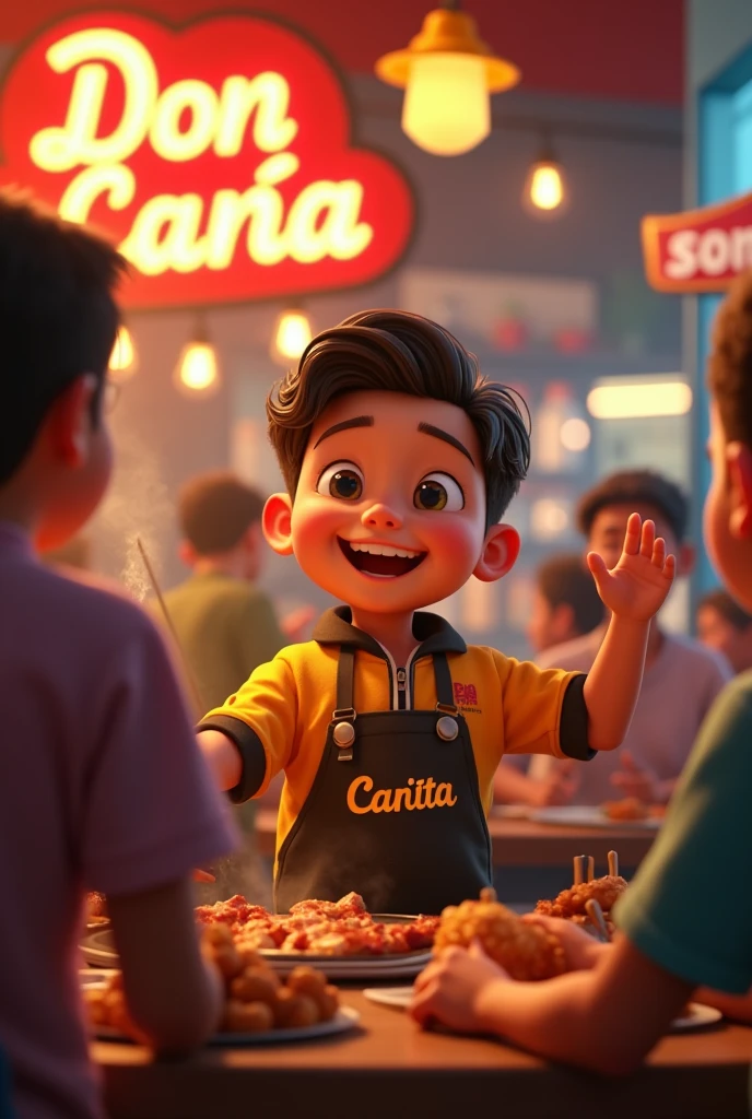 Pixar type image , A boy with a yellow jacket and black pants and his kitchen apron grilling meat and lots of choclitos encouraging the many people at the tables and with lights on his jacket saying cañita and in the back a sign saying Don Caña with his grill design   
