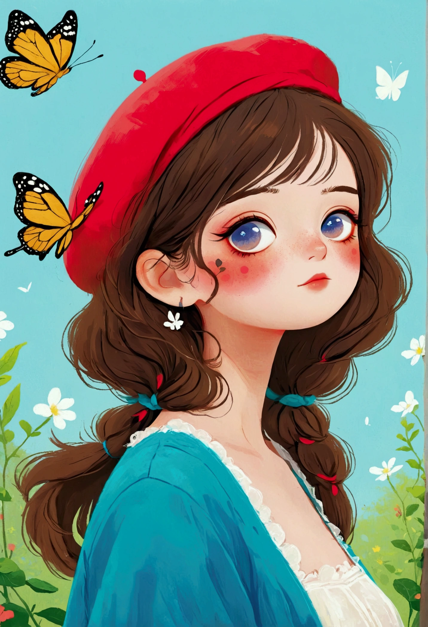 There is a girl wearing a red beret and a butterfly, Lovely art style, Lovely and detailed digital art, Cute numbers艺术, Realistic cute girl drawing, Beautiful digital illustrations, Beautiful painting style, Popular trends on artstration, Beauvot Art Style, A beautiful artistic illustration, Cute illustrations, Digital illustration style, Cute numbers, Digital Anime Illustration