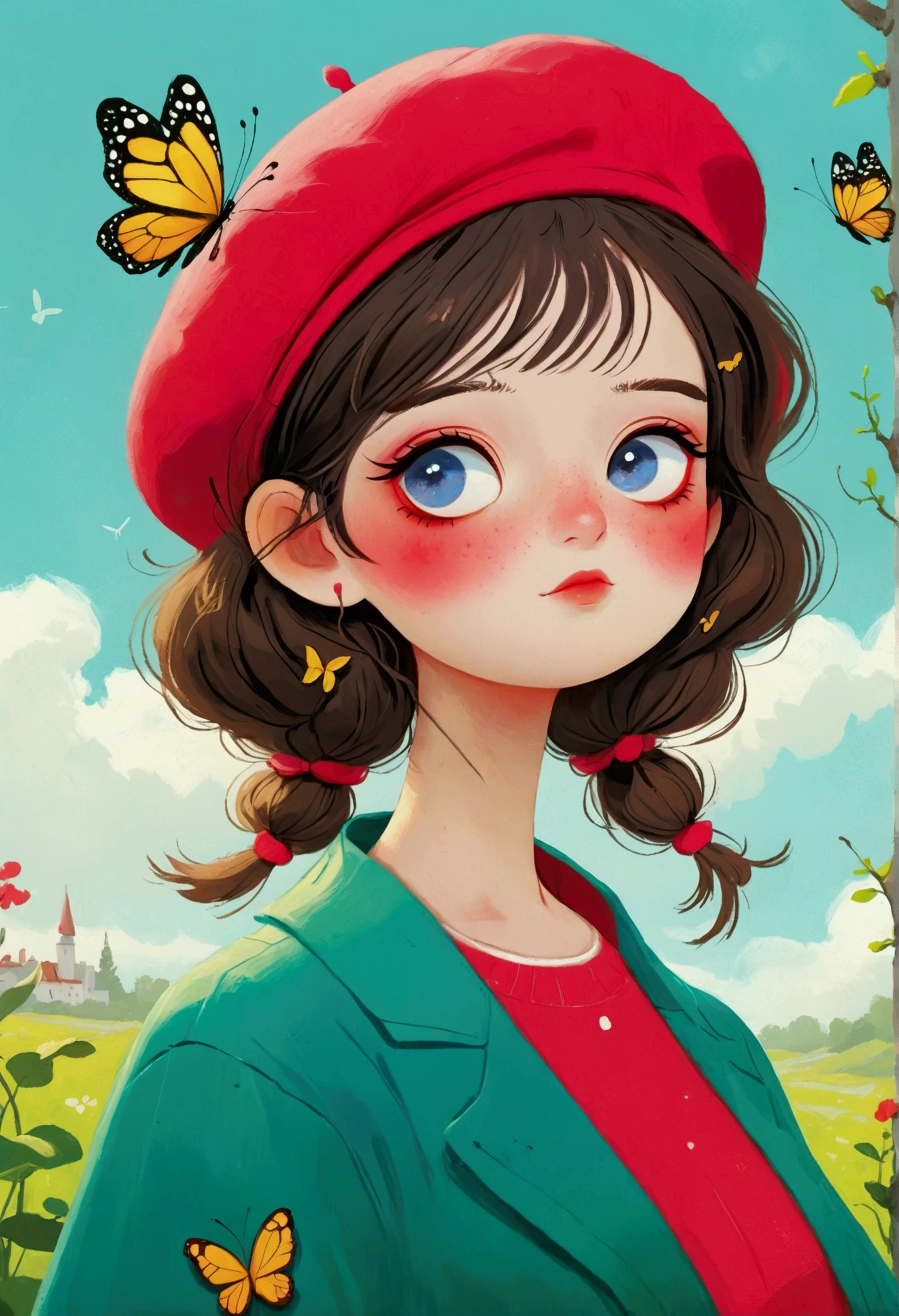 There is a girl wearing a red beret and a butterfly, digital painting inspired by loish, cg Social Hotspot, The art of math, Lovely art style, cute detailed The art of math, cute The art of math, Realistic cute girl drawing, Beautiful digital illustrations, Beautiful style, Popular trends on artstration, Beauvot Art Style, A beautiful artistic illustration, Cute illustrations