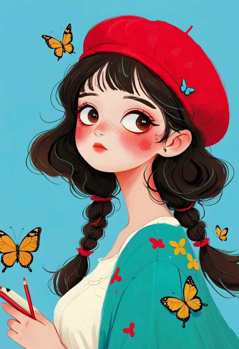 There is a girl wearing a red beret and a butterfly, digital painting inspired by loish, cg Social Hotspot, The art of math, Lovely art style, cute detailed The art of math, cute The art of math, Realistic cute girl drawing, Beautiful digital illustrations, Beautiful style, Popular trends on artstration, Beauvot Art Style, A beautiful artistic illustration, Cute illustrations