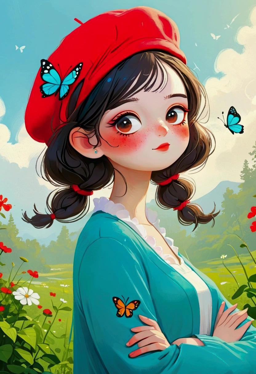 There is a girl wearing a red beret and a butterfly, digital painting inspired by loish, cg Social Hotspot, The art of math, Lovely art style, cute detailed The art of math, cute The art of math, Realistic cute girl drawing, Beautiful digital illustrations, Beautiful style, Popular trends on artstration, Beauvot Art Style, A beautiful artistic illustration, Cute illustrations