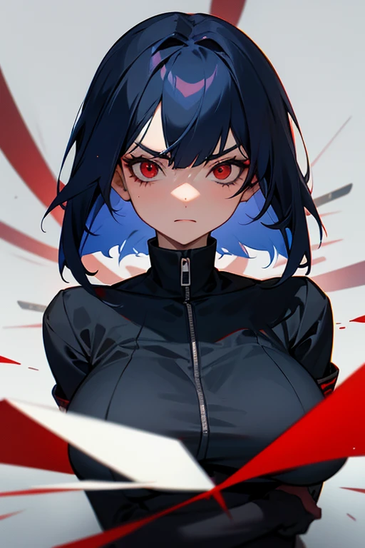 Aim for the red eye, Bob Hair, Navy Blue Hair, Large Breasts, Portraiture, cute.Black Ninja Uniform,Anxious face,Two knives,