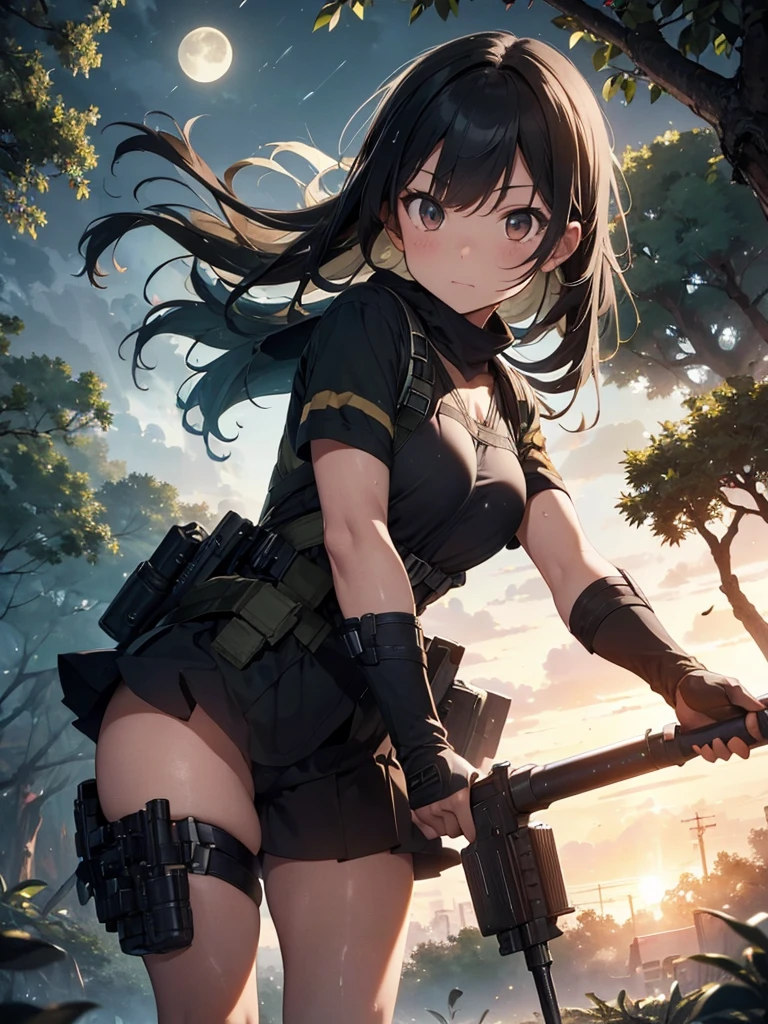 (masterpiece, best quality:1.2), 1 girl, solo, Tactical knight, light armor, tactical equipment, tactical straps, leather equipment, tactical accessories, knight accessories, 1girl, medieval background, tactical armored boots, light equipment, 1girl, tactical explorer equipment, tactical command equipment, tactical combat equipment, tactical straps, mission cover in the jungle during storm, tactical assault, hunting the target, night jungle background, moon in the sky, rain night, dynamic background, aim at the target, assault rifle, ready to shoot pose, on the branch of a tree, attention to detail, masterpiece, dark clothes, full body, darkness night, clothes slightly wet from the rain, dark night, dark jungle, night jungle, rain night, clothes slightly wet,