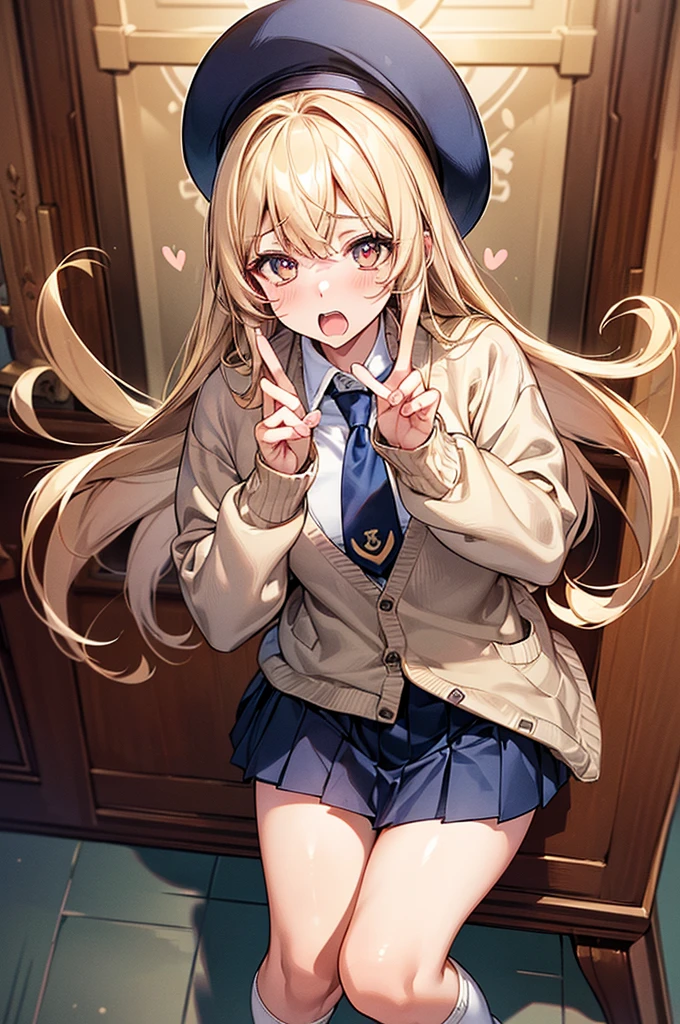 Browsing Caution,(Highest quality, 8k, masterpiece:1.3,beautiful girl), (Very detailed)Glowing Skin,(((Long Hair,blonde,Beautiful Hair))),(Perfect Anatomy, Anatomically correct, Very detailed肌),((Golden Eyes)),((Perfect Fingers,Five Fingers)),((Light blue collared shirt, Navy pleated mini skirt, socks, Navy tie, Light brown cardigan, White knee socks)), Pink Panties, School,library, Knee-high socks, Dynamic Angle,(((Vulgarity))),Embarrassed expression,Knee-high socks on both feet,Double teeth,(((Heart symbol on eye))),I'm Climax,Big Breasts,Big Ass,Peace sign with both hands,Thin pubic hair,Plump body,Big hearts in the pupils,Card game style,Confession status,Tears of joy,Light pours in through the window