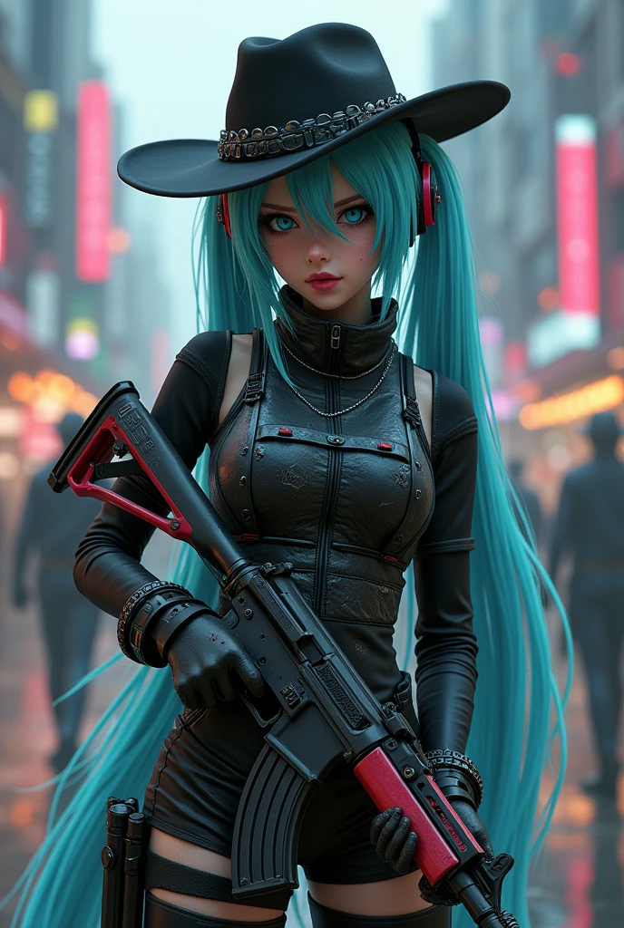 Hatsune Miku with a bulletproof vest and a black cowboy hat and an Ak-47 and with gunshot wounds to her body