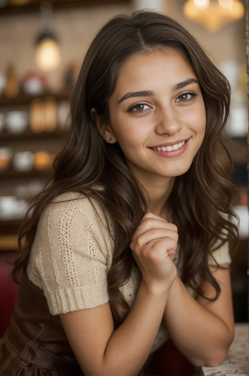 A Spanish girl , 18-age-old, beautiful girl ,in Madrid cafe, sitting pose, winter wears, tea time, (dark brown hair , brown eye, middle curl hair, little smile ),noon ,(super detail, high details, high quality, accurate, anatomically correct, textured skin, beautiful fingers super detail, high details, high quality, best quality)