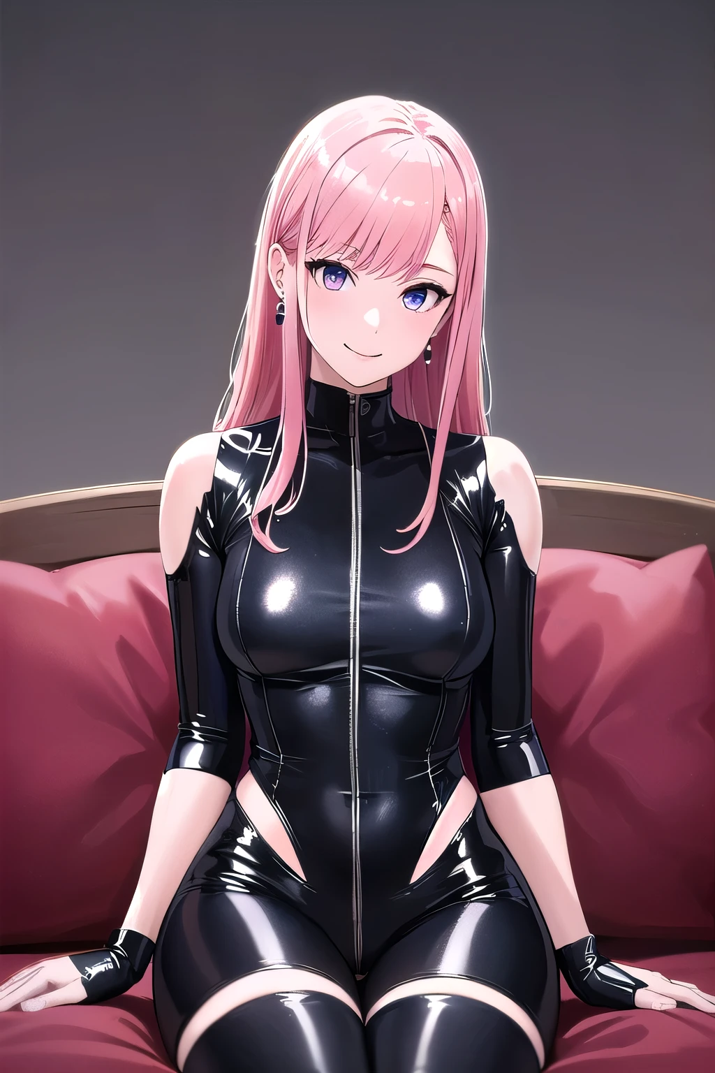 (8K, top-quality, masterpiece:1.2), (reallistic, Photorealsitic:1.37), Super Detail, One girl,), (Highly detailed), (beautifully detailed eyes), (of the highest quality), (super detailed ), (masterpiece), (Detailed face),20yr old, ,1 girl, ((pink hair,long hair)), medium breasts, clothed, Perfect Lighting, BREAK, (black bodysuit:1.3), high neck with a full zipper, (glossy fabric:1.1), (black tights:1.2), matte finish, (thigh-high boots:1.1), sleek and slim, (silvery earrings:1.1) with a touch of sparkle, glossy makeup, sleek hair, fitted and sexy silhouette, stylish and modern look, BRAKE, (upper body and thighs:1.1), (seductive smile:1.1), (face turned slightly:1.1), (sitting with legs spread:1.2), on a sofa, (white background:1.1), (dramatic lighting:1.1), BRAKE