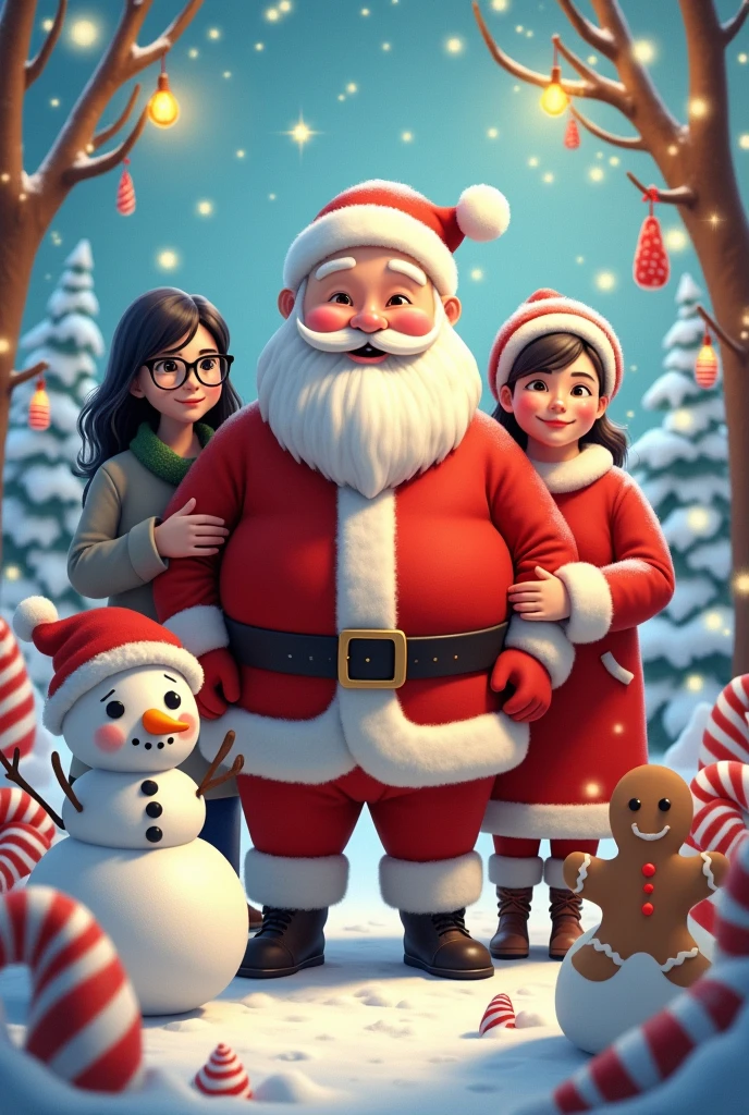 Santa Claus with his chubby wife, woman with black glasses ,black hair, Snowman, Snowflakes, candy canes, Christmas time,reindeer, Gingerbread man