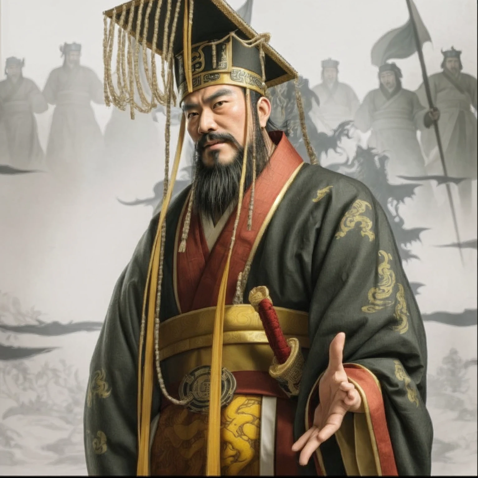 an image of an asian man dressed in black and red traditional clothing with dragon pattern , shaggy black beard, authoritative face, from three kingdoms, Emperor of the Han Dynasty, emperor's headdress, realistic, white background, 8k, super detail, ccurate, best quality, realistic, photorealistic