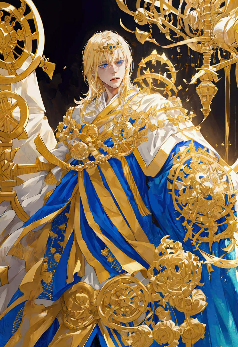 1 boy, throne, gilded clothing, white robes, 13 point star insignia, blonde hair, blue eyes, intense gaze, photorealistic, 8k, highly detailed, cinematic lighting, dramatic shadows, gold accents, luxurious textures, ornate details, epic fantasy, regal, powerful, commanding presence, man is cultist. Seductive presence, robe is hanging over shoulders loosely