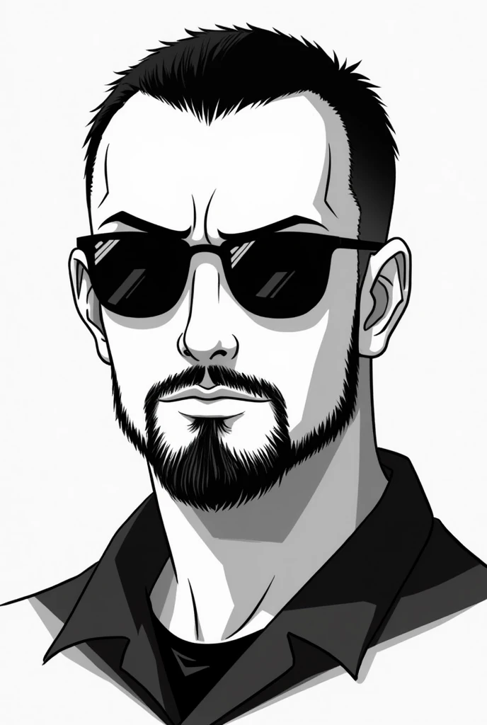 Jean Reno male Japanese Sports haircut Short Hair Round small sunglasses from the front sketch Black and White simple Beardless simple Small Bangs up Beardless