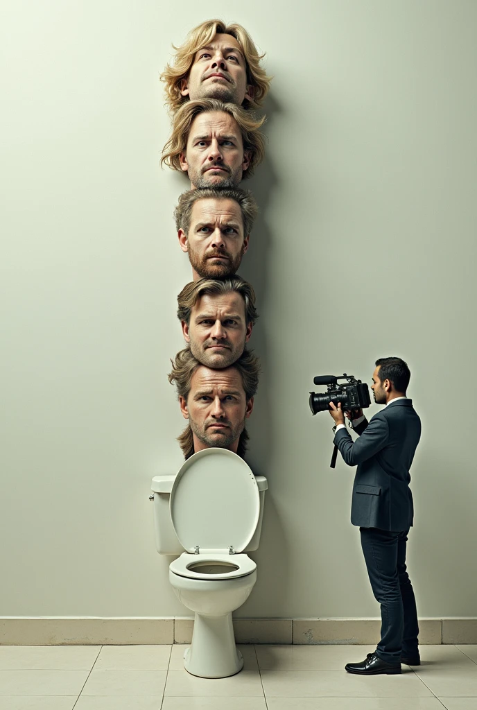 Toilet with head on top of another toilet with head on top of another toilet with head with poop and a camera man shooting poop