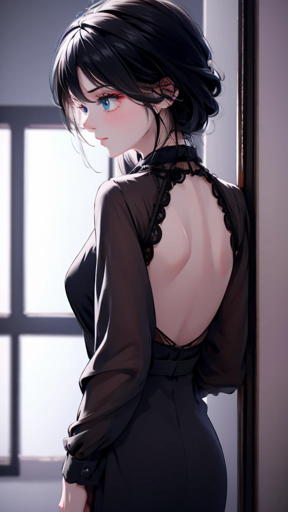 1 Girl , Girl medium light Black hair, light gray&blue eyes, wearing black suit 4D, night town , high res, ultrasharp, 8K, masterpiece, looking from behind