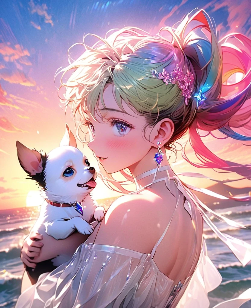 8k,Ephemeral beauty,Very delicate and beautiful,Beautiful and realistic skin,Shiny jewel-like tiny earrings,Long and colorful hair,Beautiful Eyes,good,Beautiful sunset、dog(Chihuahua)Play with