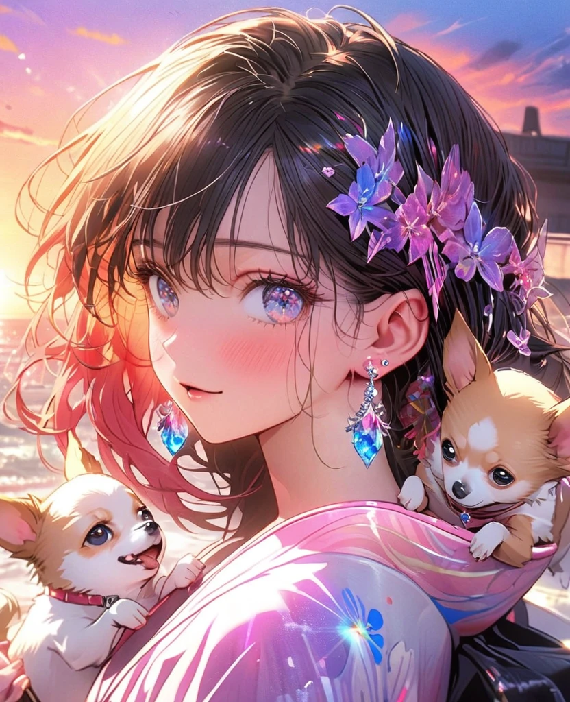8k,Ephemeral beauty,Very delicate and beautiful,Beautiful and realistic skin,Shiny jewel-like tiny earrings,Long and colorful hair,Beautiful Eyes,good,Beautiful sunset、dog(Chihuahua)Play with