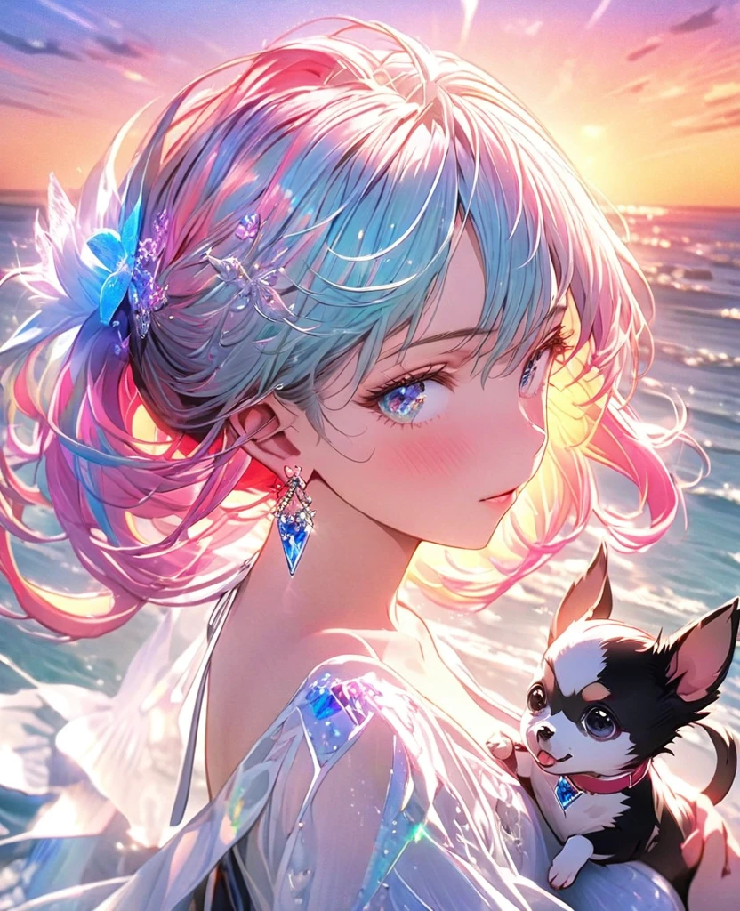 8k,Ephemeral beauty,Very delicate and beautiful,Beautiful and realistic skin,Shiny jewel-like tiny earrings,Long and colorful hair,Beautiful Eyes,good,Beautiful sunset、dog(Chihuahua)Play with