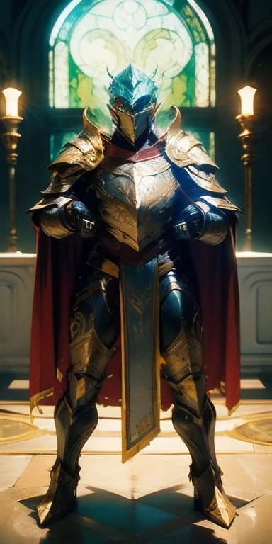 full body of paladin lady in ornate golden armor sitting on bed with open legs, black collar, pauldrons, breastplate, corset, golden glowing halo over head, short bob hair, GREEN HAIR, GREEN glowing eyes, bright pupils, eye focus, red cape, temple indoors, stained glass windows, night, moonlight, particles, light beam, chromatic aberration, (hands on hips, clenching fist 👊 ✊️)