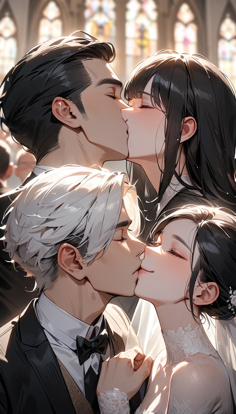 masterpiece, textured skin, high details, award winning, best quality, highres, 4K, (((head shot))),Beautiful groom and bride,groom in black hair, tall. Handsome,close eyes, bride in white hair, cute, close eyes, Lined up next to each other,kiss eash others,wedding,People who bless those around,Inside the church,Happy atmosphere,Blurred background