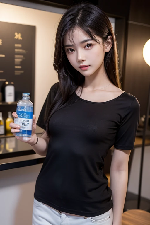 masterpiece, high quality, 4K, Beautiful design, (from the front, Whole body),Award-winning photo, Very detailed, wonderful, The finer details, Absurd, Very detailed女性, (small breasts:1.5),Woman in black shirt holding a bottle of water and a mobile phone, Ruben Tam&#39;s pastels, Shutterstock, realism, a Young Asian Woman, Gorgeous Young Korean Woman, young asian girl, She is wearing a black tank top, Young Asian Woman, Beautiful Korean Women, Beautiful young Korean woman, Portrait of a Japan ager, She has a smartphone, Korean Girls