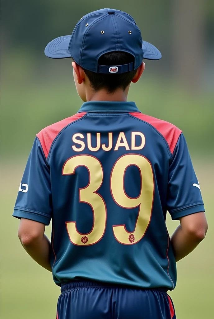 18 year old boy is playing and he is wearing u19 cricket jersey and he is also wearing a hat, his back should be seen, his jersey number will be 39, his jersey name is Sujad