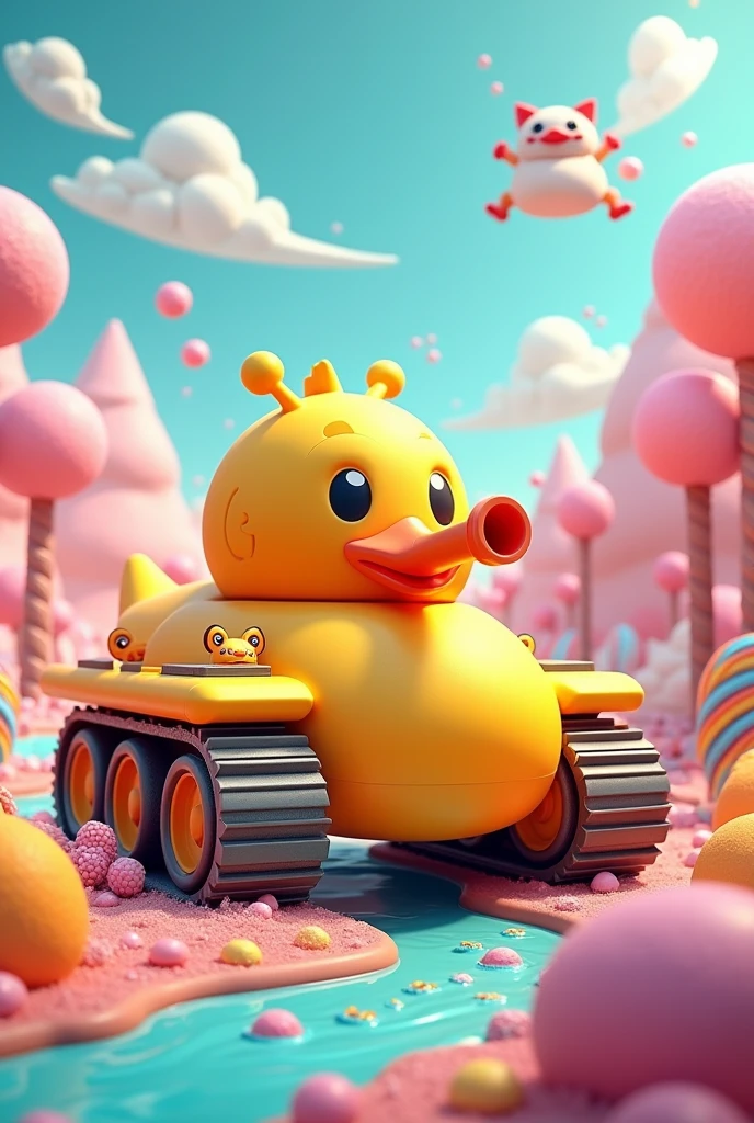 "A whimsical and imaginative scene featuring a brightly colored, cartoon-style armored tank rolling through a vibrant, candy-colored landscape. The tank itself is designed with a playful twist—its body is shaped like a giant rubber duck, complete with a cheerful, oversized duck face on the front and wobbly antennae that resemble duck feathers. The tank’s cannon is whimsically designed to shoot out harmless streams of bubbles, which float gently in the air around it. The treads are made of oversized toy blocks that click together with each rotation, adding a playful clatter to its movement.
The scene is filled with quirky details, like tiny, mischievous critters popping out of hatches on the tank, waving tiny flags and cheering. The background features a fantastical landscape with rolling hills made of soft marshmallows, towering lollipop trees, and a river of chocolate flowing nearby. The sky above is a mix of soft pastels, with fluffy clouds shaped like various sweets. In the distance, another similarly playful tank, shaped like a giant smiling cat, can be seen, seemingly engaged in a lighthearted 'battle' with the duck tank, both launching harmless projectiles like confetti and streamers.
The overall vibe is one of fun and creativity, capturing the playful imagination of a world where even armored tanks can be adorable and entertaining."