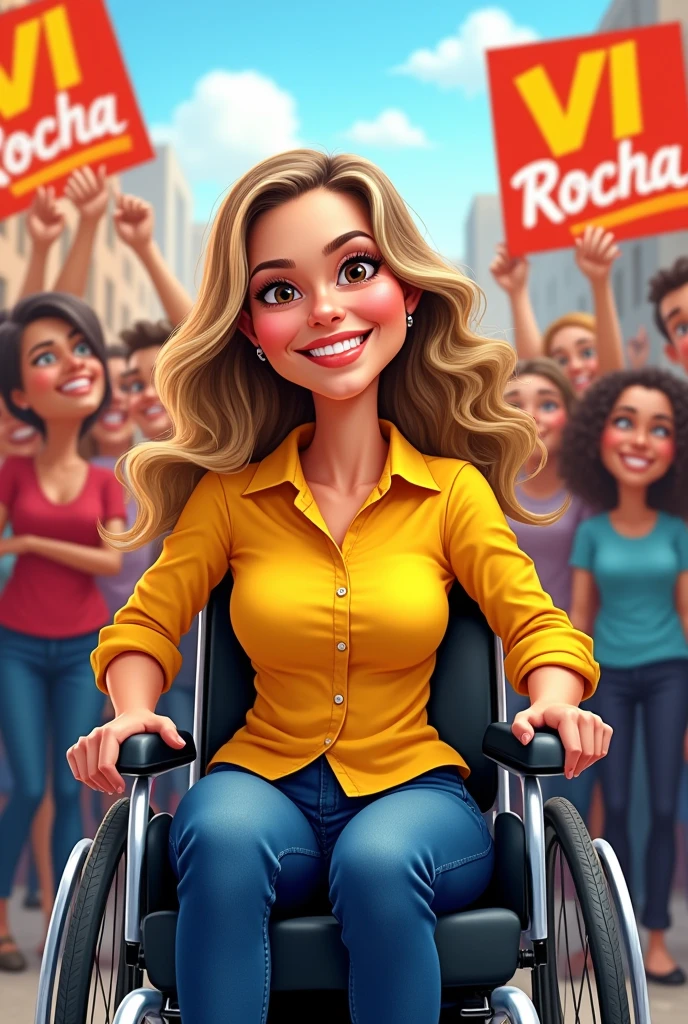 I am a wheelchair user, white, have brown eyes and long blond and dark hair and I am a candidate for councilor.. I would like you to create a caricature of a wheelchair user in the front with a yellow shirt and happy and the people behind vibrating and happy and holding signs with the name VI Rocha