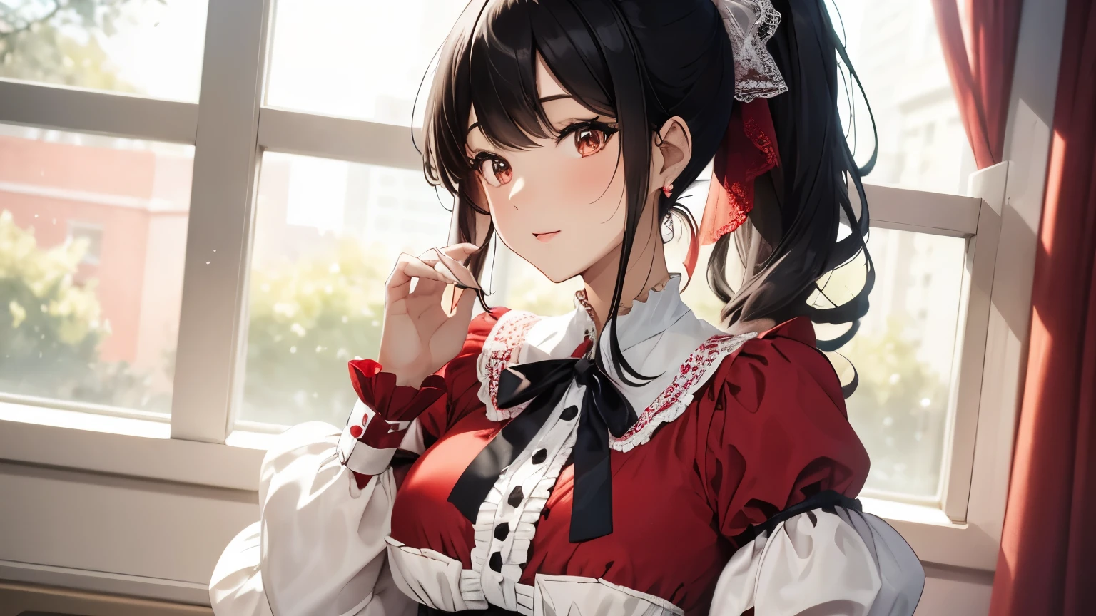 A beautiful woman wearing a red and white long puff-sleeved dress with lots of frills and lace Black hair ponytail with ribbon Upper Body lipstick