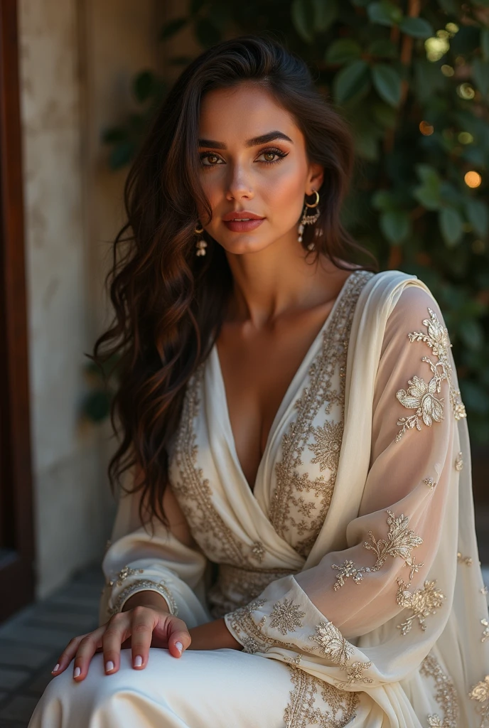 a full body portrait of beautiful curvy woman,30 year old, dynamic pose, ultra realistic face, perfetct eyes, ultra realistic hair, hair with great details, face photorealistic, perfect face, perfect anatomy, (skin with real texture of better quality: 1.4) solo, (turkish beauty) mixed race, full lips, (big eyes) (white floral satin pakistani clothes) (white floral silk pakistani dress) (tight satin trousers) (evening) lights, skin teture, pores, skin spots (scarf) tied hair (low light) (turkish beauty) latina, curves, casually posing, candid, low light, evening (street lights) ((lipstick)) fluffy turned, different candid poses, ((saturation -2)), vibrancy -1, character in various styles and poses, fluffy turned, sexually arousing, brown highlight hair, evening, ambient light, sunset time, sitting, kodak 400, film grain, noise, slight smile