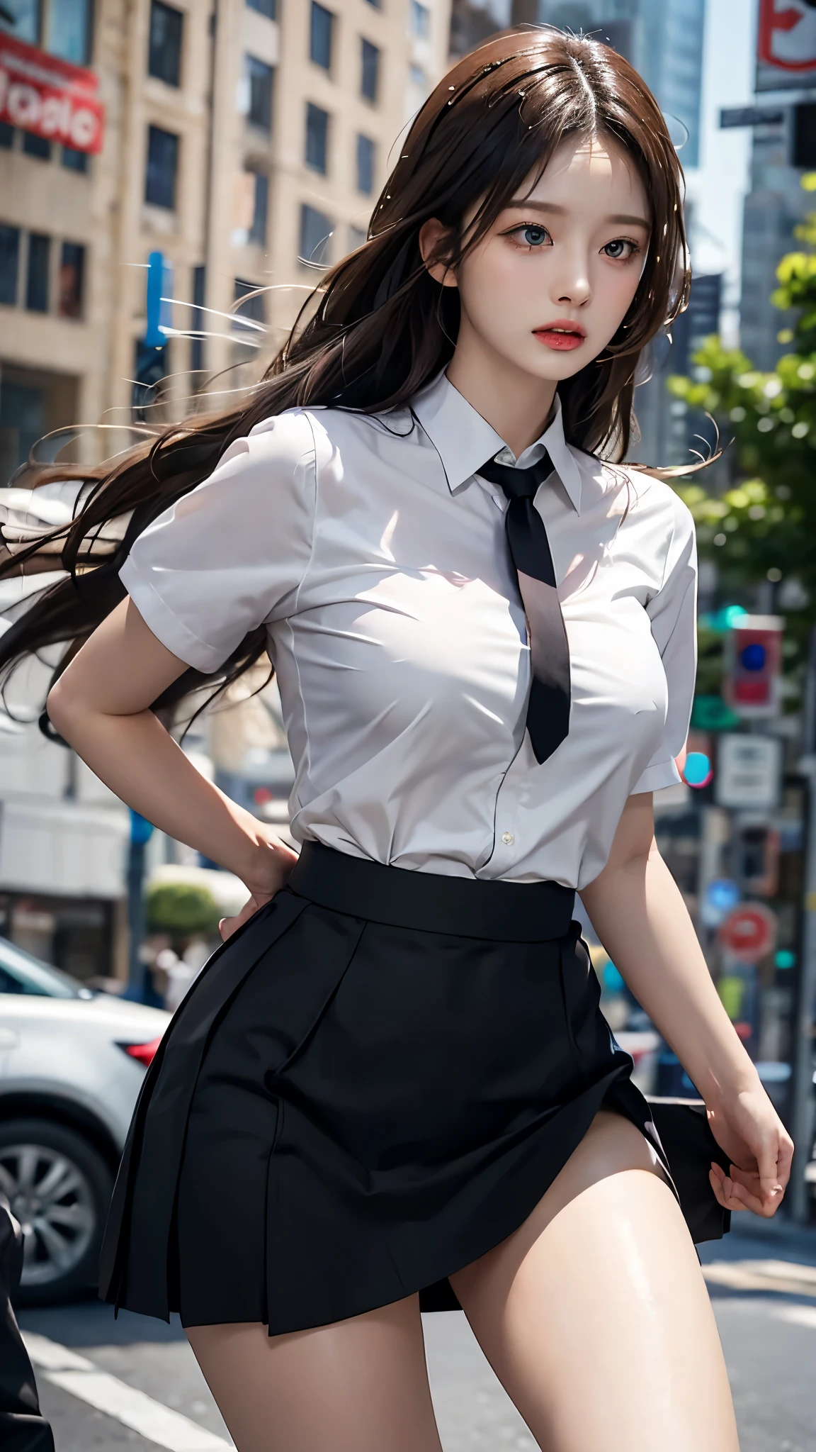 realistic, high resolution, 1 woman, butt up, beautiful eyes, gray hair, long hair, round eyes, collar shirt, belly button visible, black tie, black skirt, city street, Short skirts that show panties, dressed like a student