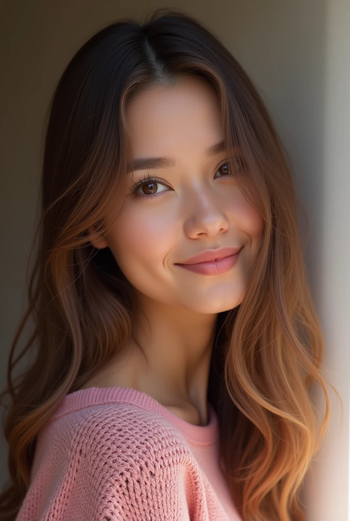 A 36 year old woman with brown hair and with brown eyes wearing pink sweater