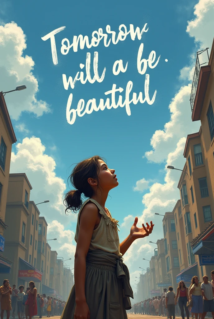A poor girl begging for alms looking at a plane in the sky that wrote with clouds “Tomorrow will be beautiful” in Spanish