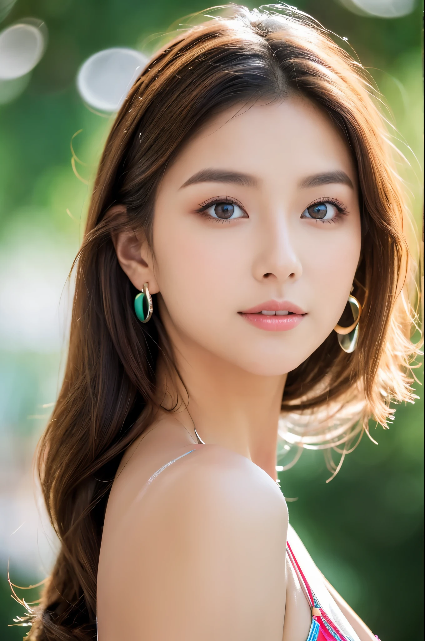 (8K, Raw-Foto, best quality, masterpiece:1.2),(realisti, foto realisti:1.4),(Hochdetailliertes CG Unity 8K-Hintergrundbild),(round face: 1.5), (detailed student:1.3),beautiful woman  ,(boy, but very beautiful 25-year-old Korean, whole upper body, sexy sommer top, Cool eyes, relaxed look, cool colorful earrings, Looking forward,looking at the camera,Unforgettable eyes,The eyes are so beautiful.)