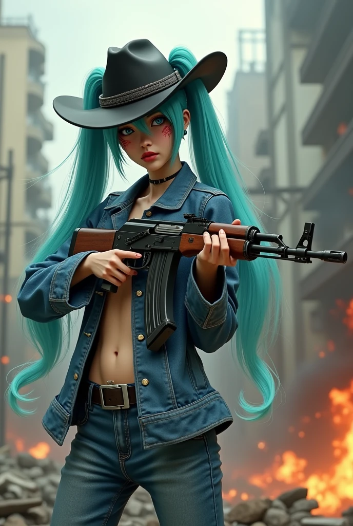 Hatsune Miku in denim clothes and a black cowboy hat and with an Ak-47 and with gunshots to the body
