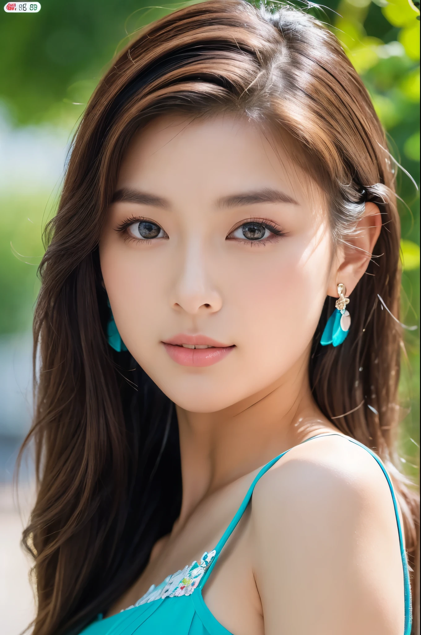 (8K, Raw-Foto, best quality, masterpiece:1.2),(realisti, foto realisti:1.4),(Hochdetailliertes CG Unity 8K-Hintergrundbild),(round face: 1.5), (detailed student:1.3),beautiful woman ,(boy, but very beautiful 25-year-old Korean, whole upper body, sexy sommer top, Cool eyes, relaxed look, cool colorful earrings, Looking forward,looking at the camera,Unforgettable eyes,The eyes are so beautiful.)