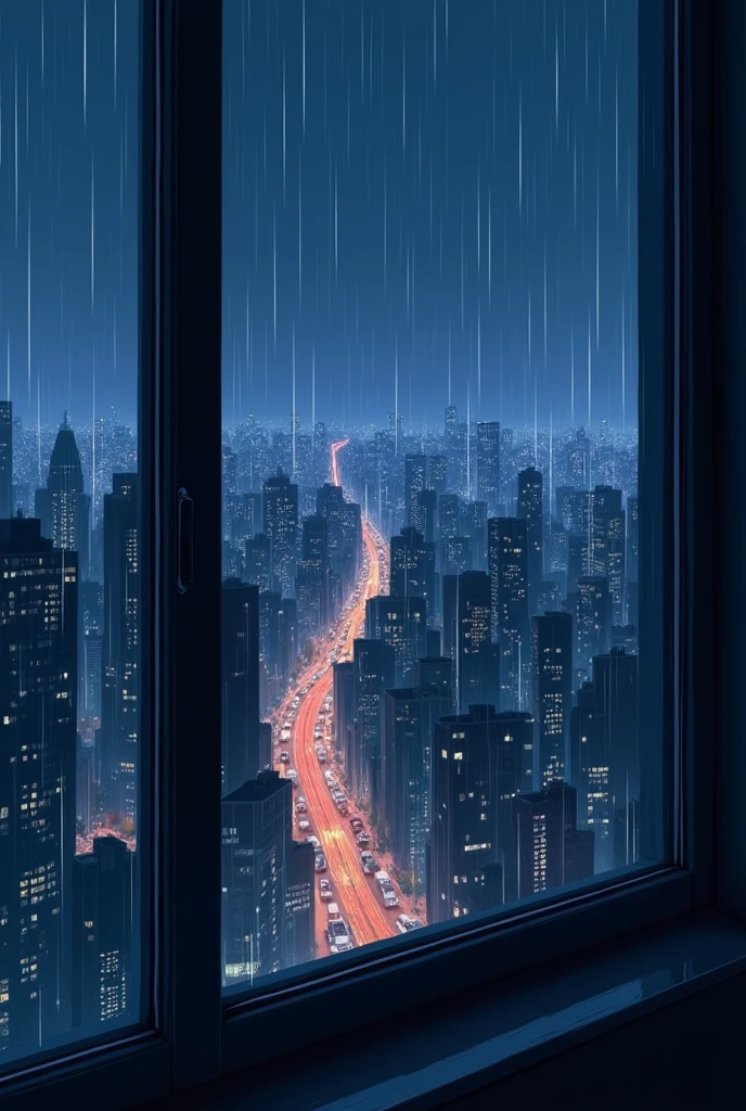 A view from a window of the entire city at night while it rains and drops fall on the window in anime style 