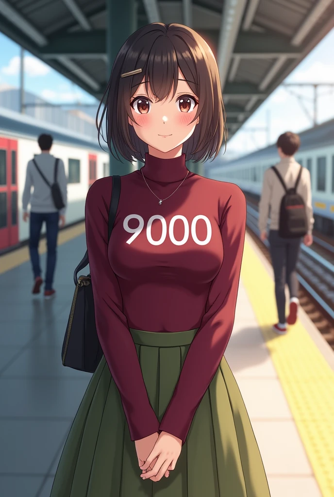 Anime, Japanese, College student, Beautiful, Blushing, Friendly expression, Elegant maroon clothes and olive green skirt, Young lady, 9000 series letters on chest, Station platform