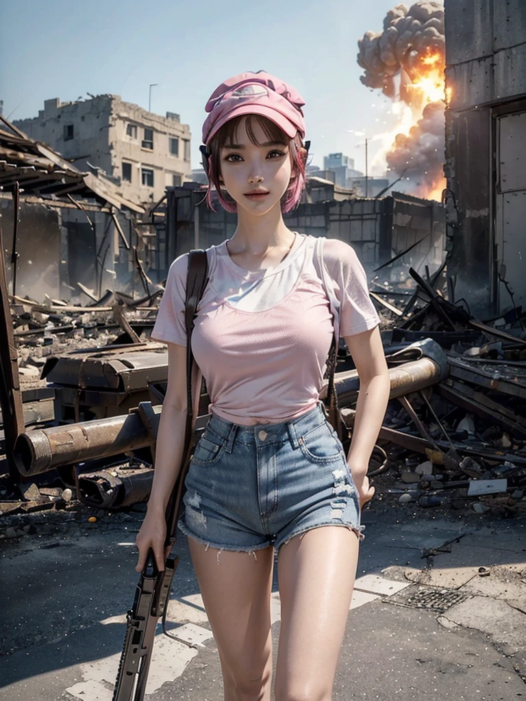 (Top quality,Ultra HD,lifelike: 1.4)(Cowboy Shooter 1),Beautiful armed girl, (K-Pop Idol) ,Detailed face,opposition,Perfect anatomy,Smooth skin,Professional lighting, ((Wearing a white T-shirt,Pink cap,Denim shorts,Short hair girl,High-tech headphones,),Victory in battle,Turn your back to the audience,Smile of victory(background,Destroyed buildings,Fire, (Huge explosion) ) ,Full body close-up, (Holding weapon, Holding rifle, Purposeing, Purpose:1.2), gun, H&k hk416, 马gun, Fire