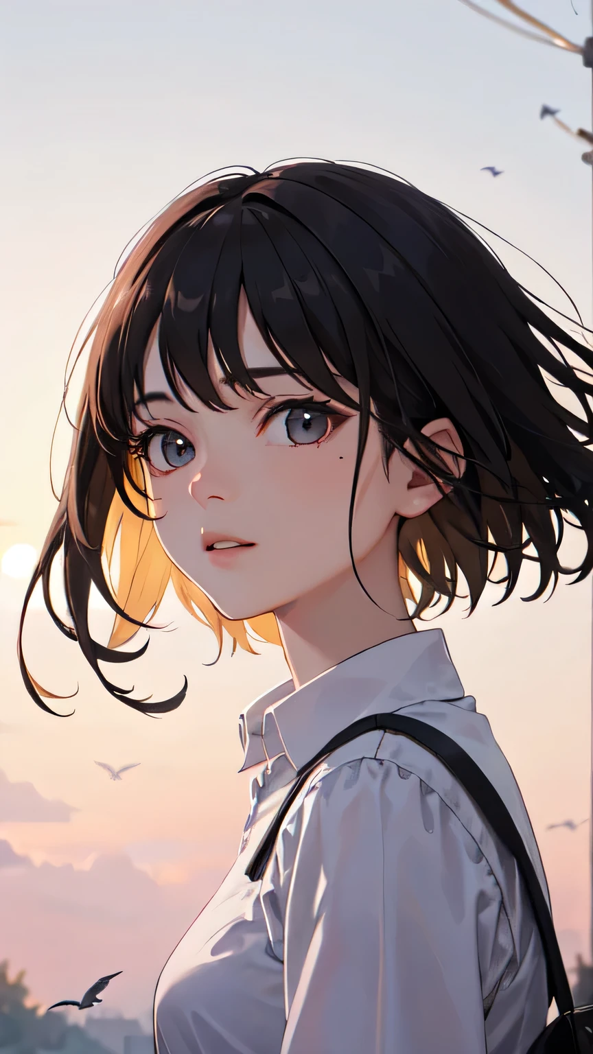 ((Highest quality)), ((masterpiece)), (detailed), One girl,Night dawn,The wind caresses my cheeks,Birds singing ,Each and every thing,Brings hope,Almond Eye,Close up of face