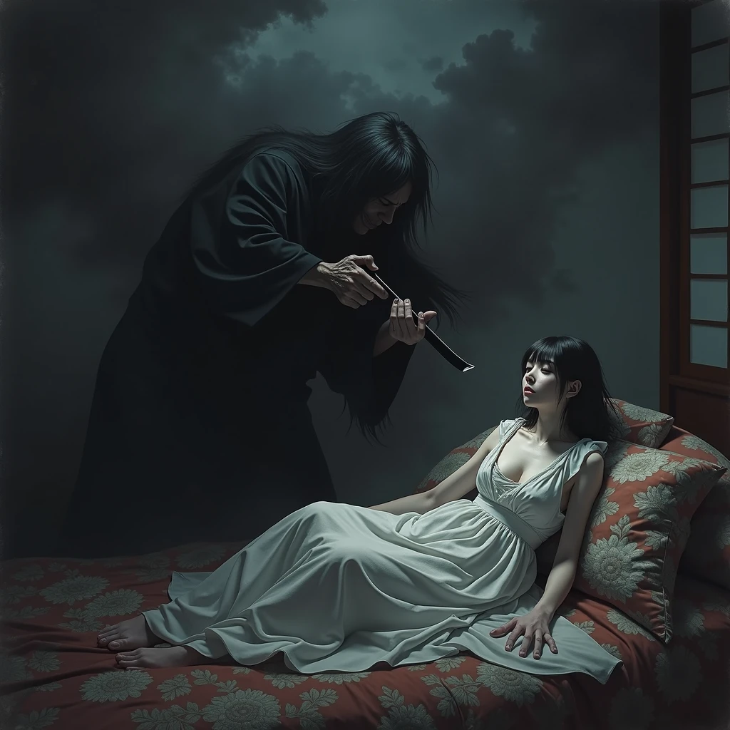 Land of Rakshasa、Japan、A thug attacks a girl inside the mansion、On the futon、Kimono-like bedding、(A thin, pale-skinned young woman), The merciless demons、Hell on Earth、Dark Clouds、A cruel world where people are no longer people,